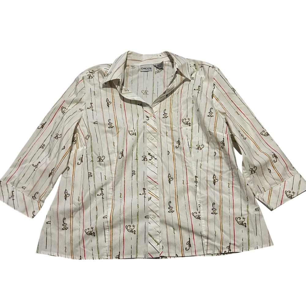 Chicos Monkey Banana Stripe Button Down Shirt‎ White Multi 3/4 Sleeve Size 3 XL